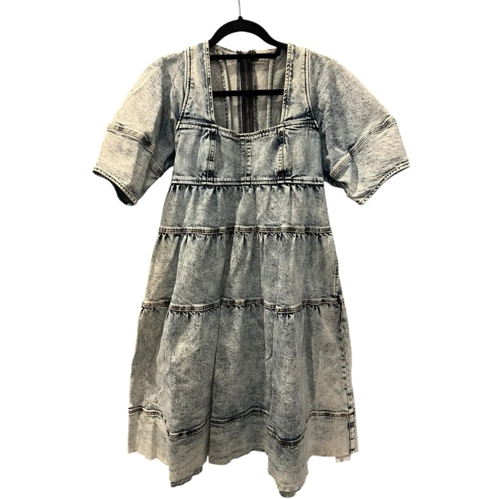 Ulla Johnson Denim Blue Jeans Dress Washed Out Acid Size 8 Square Neck $510 - Picture 5 of 13